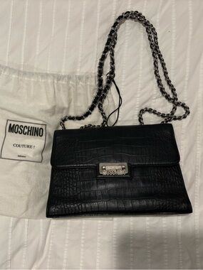 Moschino Black Croc-Embossed Chain Crossbody Bag